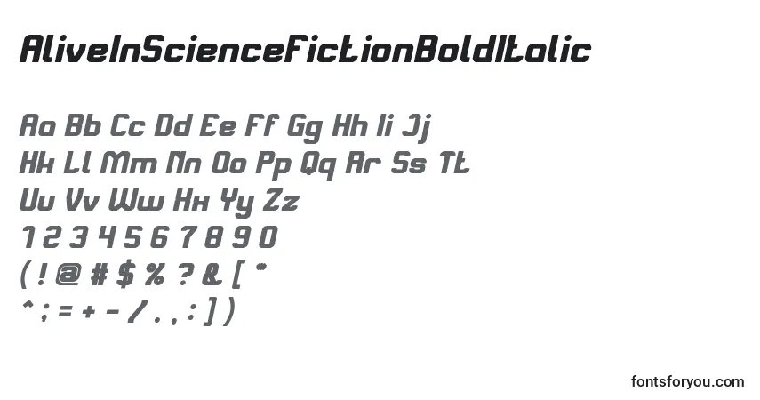 A fonte AliveInScienceFictionBoldItalic – alfabeto, números, caracteres especiais