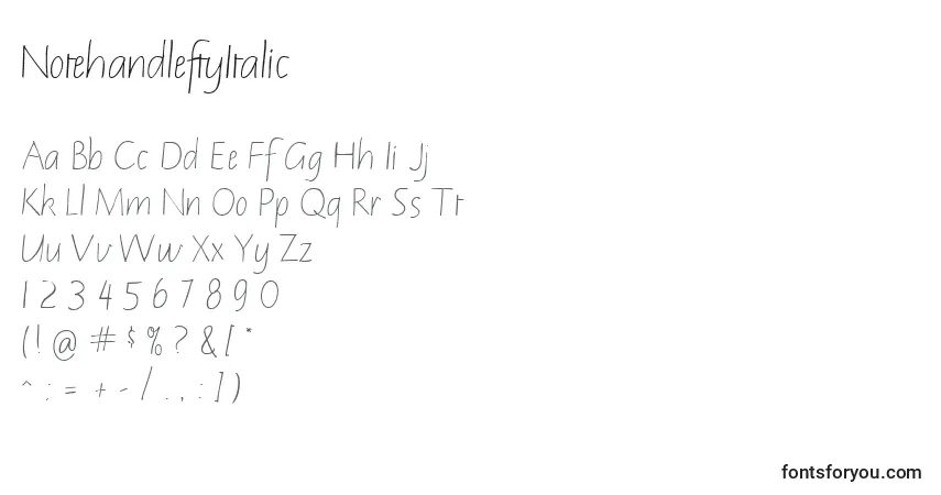Шрифт NotehandleftyItalic – алфавит, цифры, специальные символы