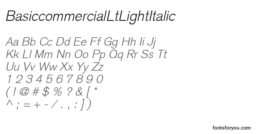 A fonte BasiccommercialLtLightItalic – alfabeto, números, caracteres especiais