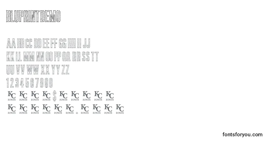 Czcionka Bluprintdemo – alfabet, cyfry, specjalne znaki