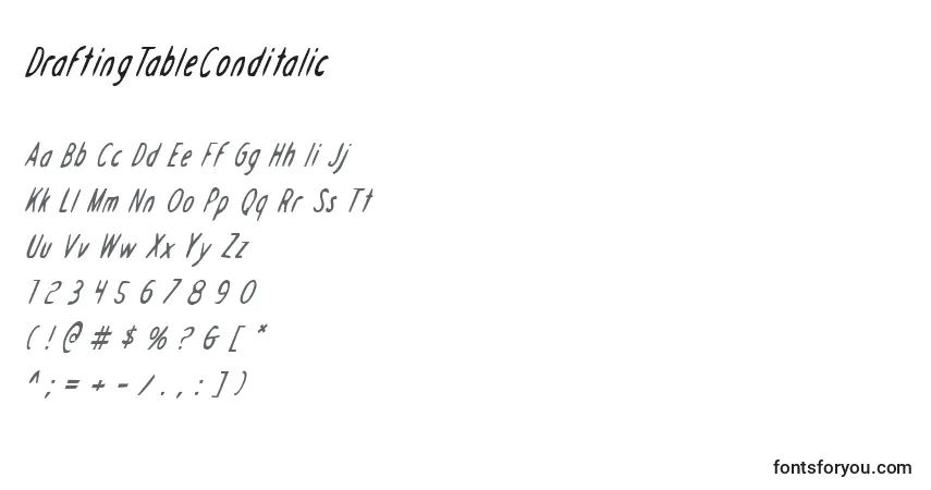Czcionka DraftingTableConditalic – alfabet, cyfry, specjalne znaki