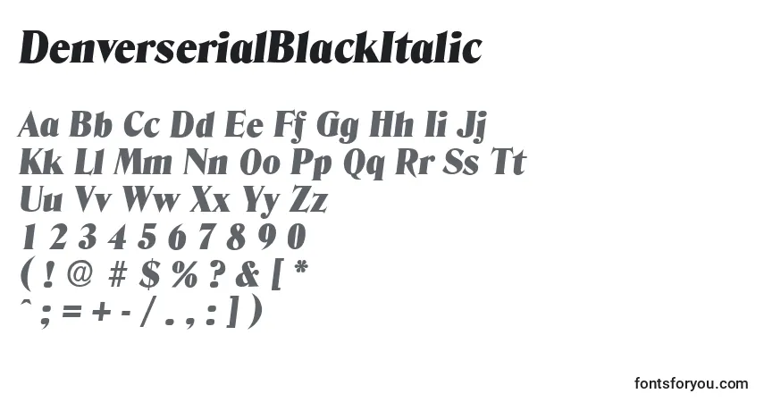 Czcionka DenverserialBlackItalic – alfabet, cyfry, specjalne znaki