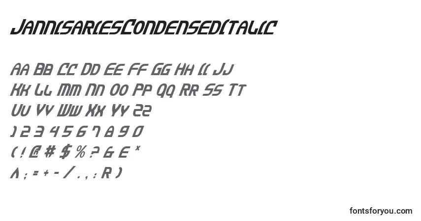 Czcionka JannisariesCondensedItalic – alfabet, cyfry, specjalne znaki