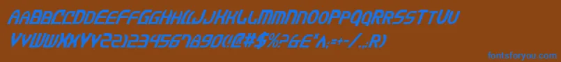 JannisariesCondensedItalic-Schriftart – Blaue Schriften auf braunem Hintergrund