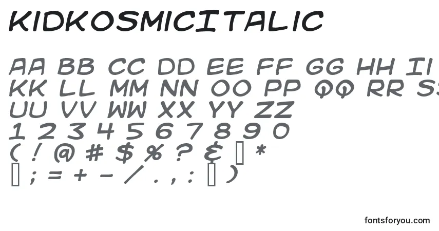 Czcionka KidKosmicItalic – alfabet, cyfry, specjalne znaki