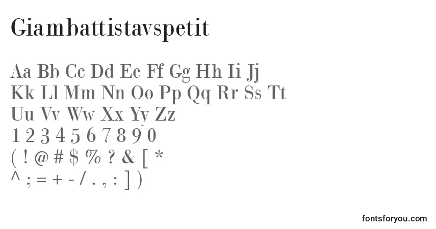 Czcionka Giambattistavspetit – alfabet, cyfry, specjalne znaki