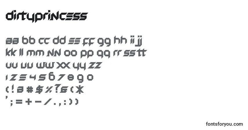 A fonte DirtyPrincess – alfabeto, números, caracteres especiais