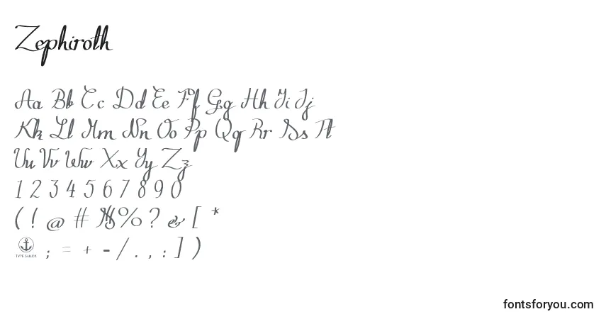 A fonte Zephiroth – alfabeto, números, caracteres especiais