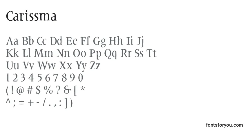 Czcionka Carissma – alfabet, cyfry, specjalne znaki