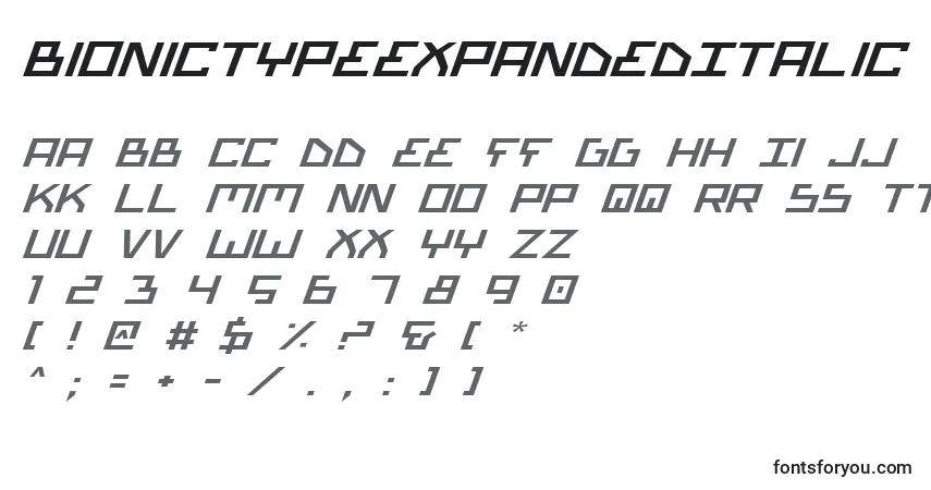 Schriftart BionicTypeExpandedItalic – Alphabet, Zahlen, spezielle Symbole