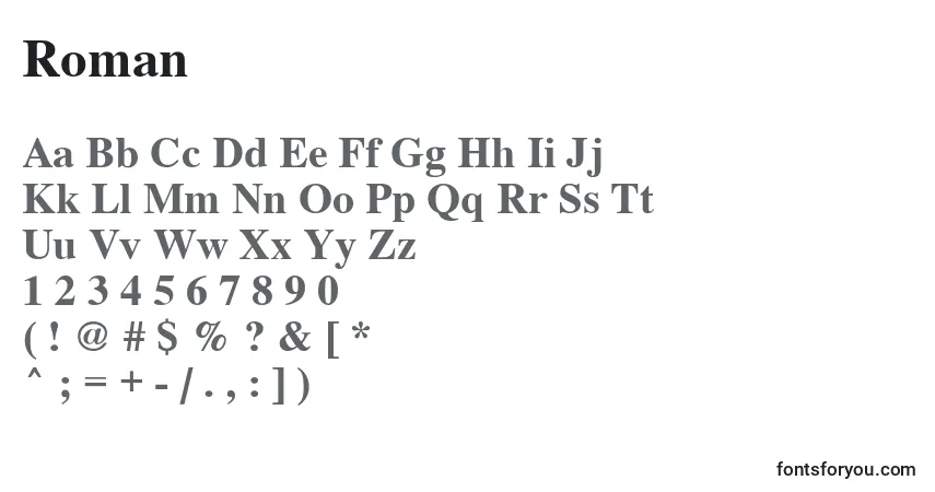 A fonte Roman – alfabeto, números, caracteres especiais