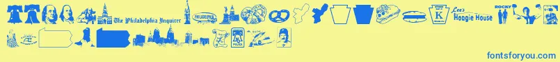 PhillyDingsフォントについての詳細 フォントPhillyDings – 青い文字が黄色の背景にあります。