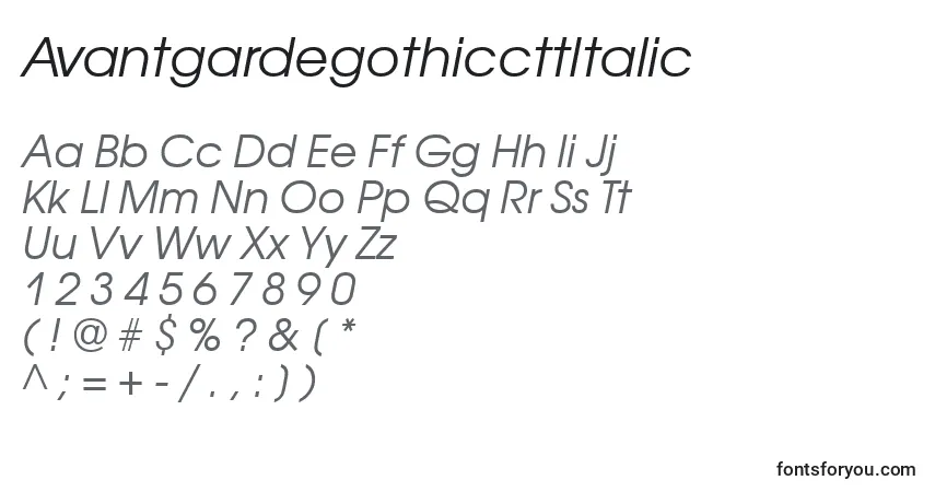 Czcionka AvantgardegothiccttItalic – alfabet, cyfry, specjalne znaki