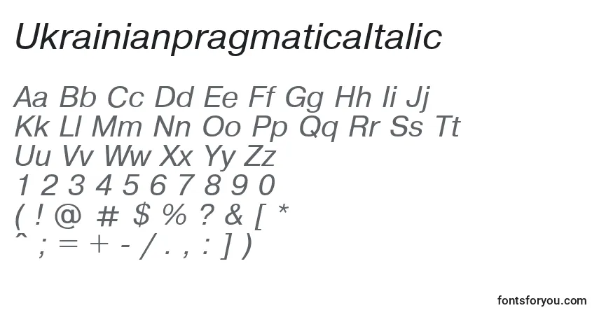 Czcionka UkrainianpragmaticaItalic – alfabet, cyfry, specjalne znaki