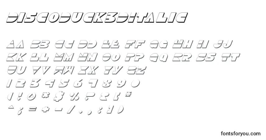 Czcionka DiscoDuck3DItalic – alfabet, cyfry, specjalne znaki