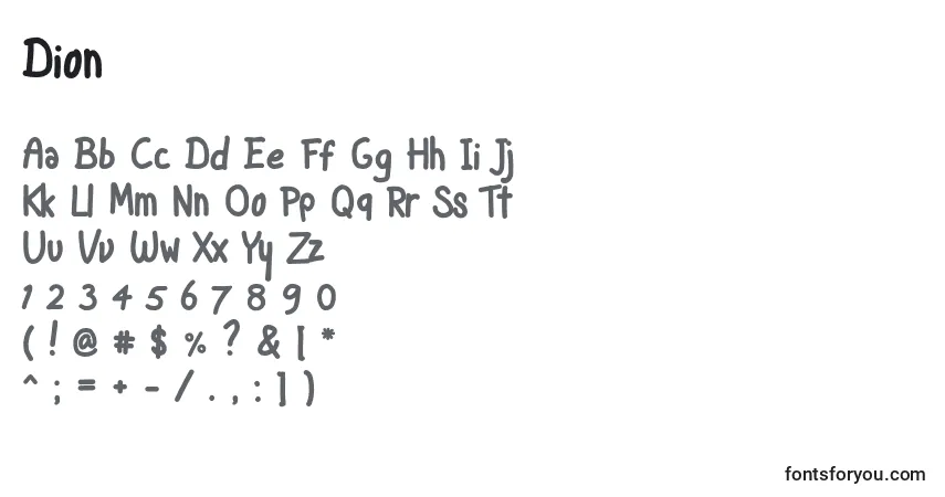 Czcionka Dion – alfabet, cyfry, specjalne znaki
