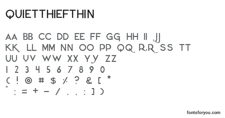 A fonte Quietthiefthin (110126) – alfabeto, números, caracteres especiais