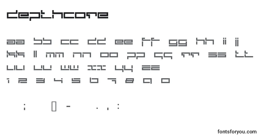 Czcionka Depthcore – alfabet, cyfry, specjalne znaki