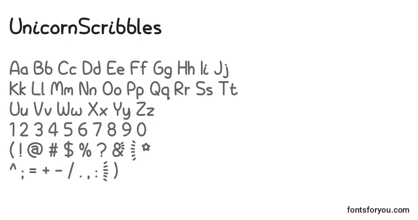 A fonte UnicornScribbles – alfabeto, números, caracteres especiais