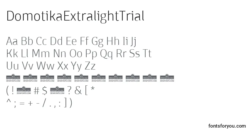 A fonte DomotikaExtralightTrial – alfabeto, números, caracteres especiais
