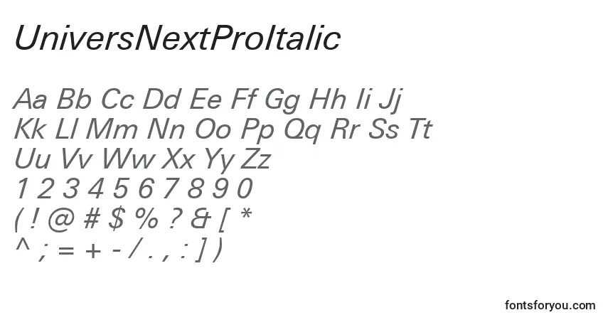 Czcionka UniversNextProItalic – alfabet, cyfry, specjalne znaki