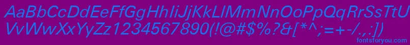 Fonte UniversNextProItalic – fontes azuis em um fundo violeta