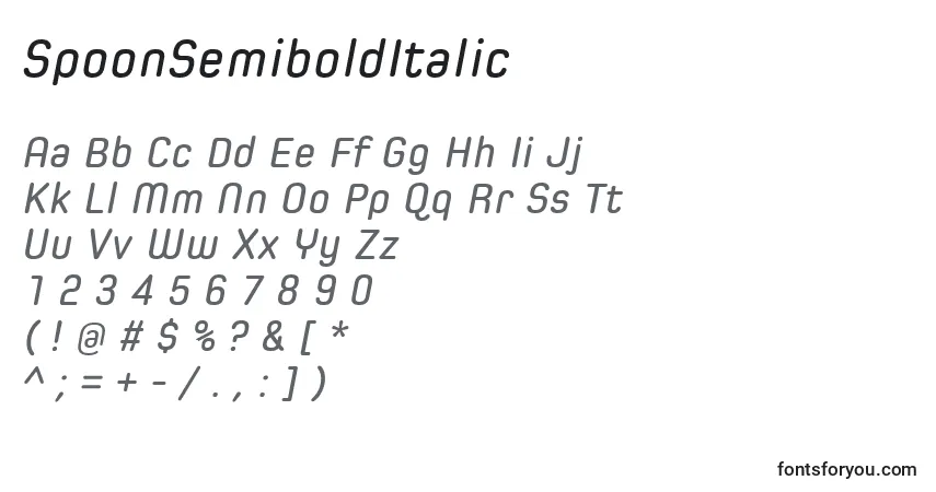 Шрифт SpoonSemiboldItalic – алфавит, цифры, специальные символы