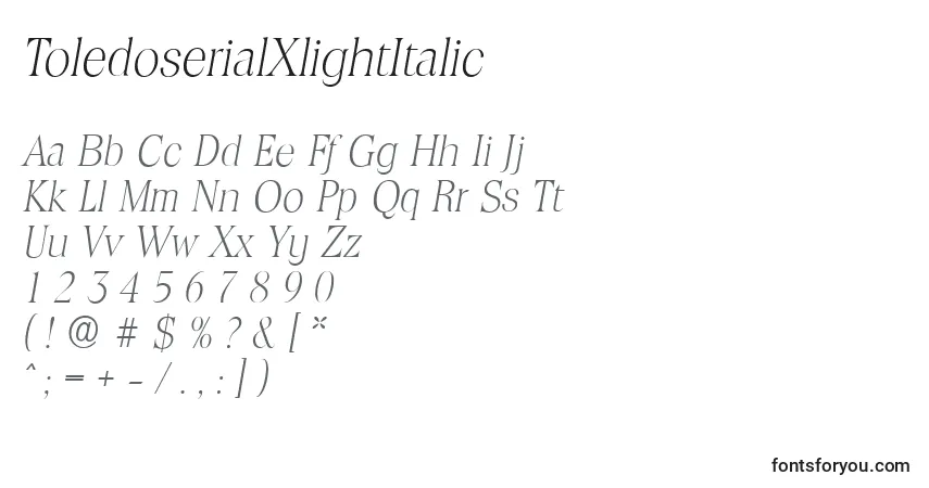 A fonte ToledoserialXlightItalic – alfabeto, números, caracteres especiais