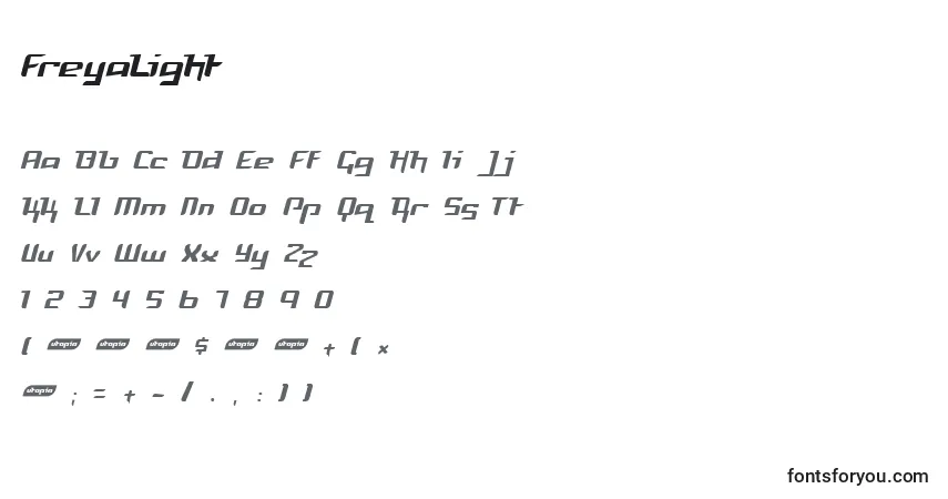 Schriftart FreyaLight – Alphabet, Zahlen, spezielle Symbole