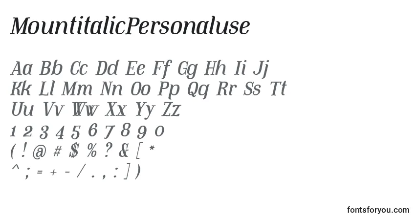 Czcionka MountitalicPersonaluse – alfabet, cyfry, specjalne znaki