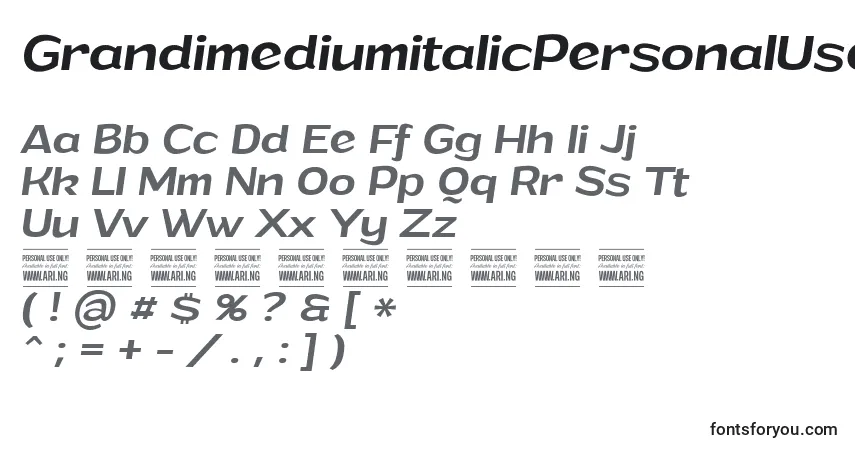 A fonte GrandimediumitalicPersonalUse – alfabeto, números, caracteres especiais