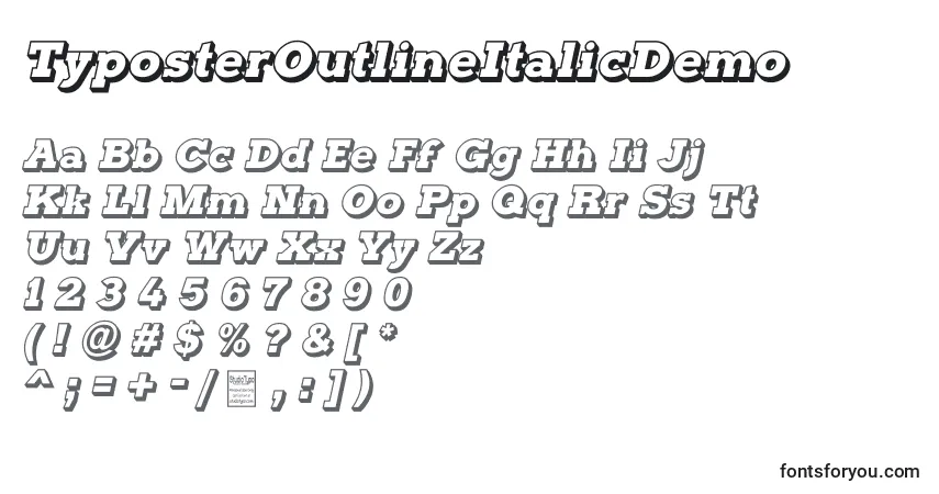 Schriftart TyposterOutlineItalicDemo – Alphabet, Zahlen, spezielle Symbole