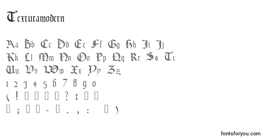 Schriftart Texturamodern – Alphabet, Zahlen, spezielle Symbole