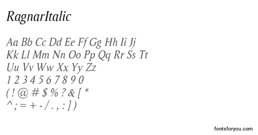 Schriftart RagnarItalic – Alphabet, Zahlen, spezielle Symbole