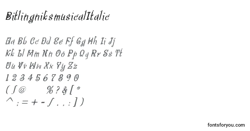 Schriftart BitlingniksmusicalItalic – Alphabet, Zahlen, spezielle Symbole