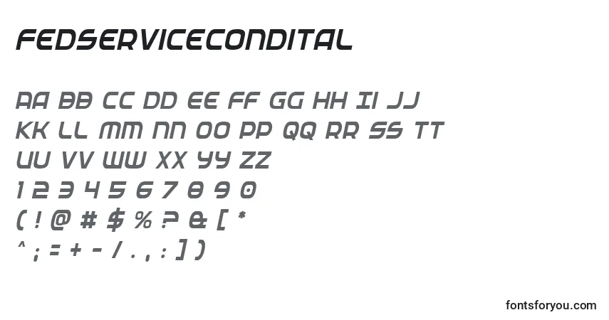 A fonte Fedservicecondital – alfabeto, números, caracteres especiais