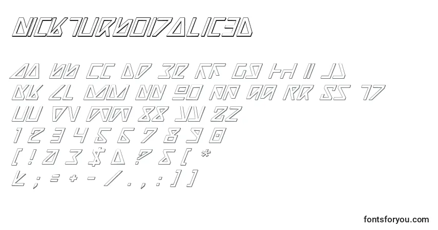 Schriftart NickTurboItalic3D – Alphabet, Zahlen, spezielle Symbole