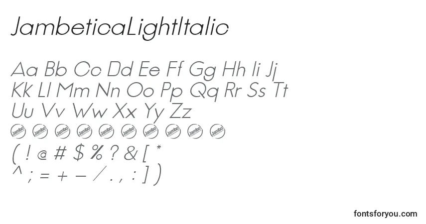 Czcionka JambeticaLightItalic – alfabet, cyfry, specjalne znaki