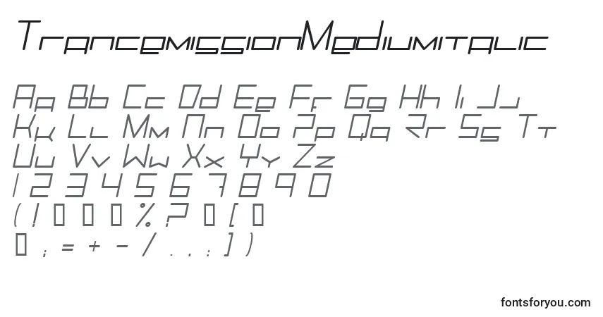 Czcionka TrancemissionMediumitalic – alfabet, cyfry, specjalne znaki