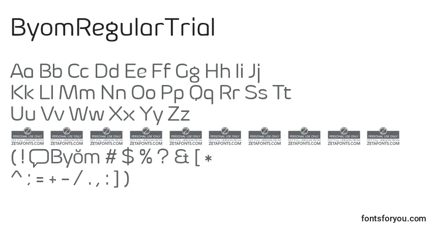 A fonte ByomRegularTrial – alfabeto, números, caracteres especiais