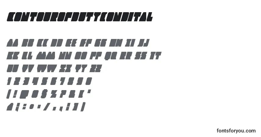 Schriftart Contourofdutycondital – Alphabet, Zahlen, spezielle Symbole
