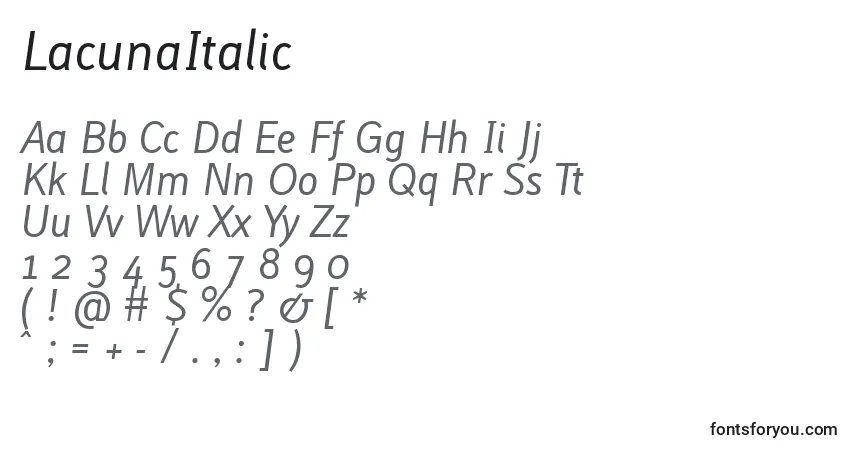 Шрифт LacunaItalic – алфавит, цифры, специальные символы