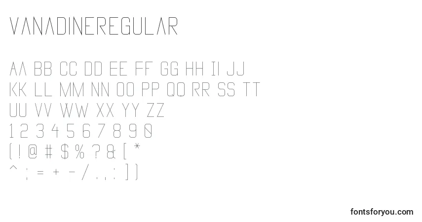 Czcionka VanadineRegular – alfabet, cyfry, specjalne znaki