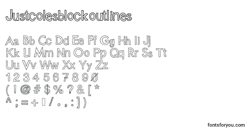 Czcionka Justcolesblockoutlines – alfabet, cyfry, specjalne znaki