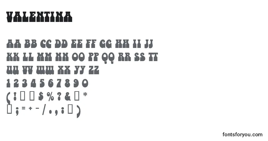 Czcionka Valentina – alfabet, cyfry, specjalne znaki