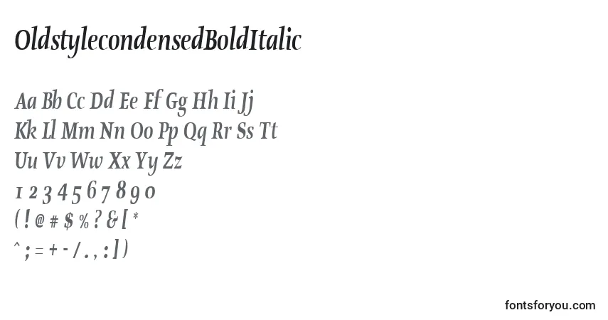 A fonte OldstylecondensedBoldItalic – alfabeto, números, caracteres especiais
