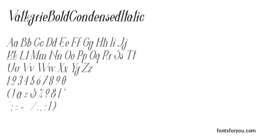 A fonte ValkyrieBoldCondensedItalic – alfabeto, números, caracteres especiais