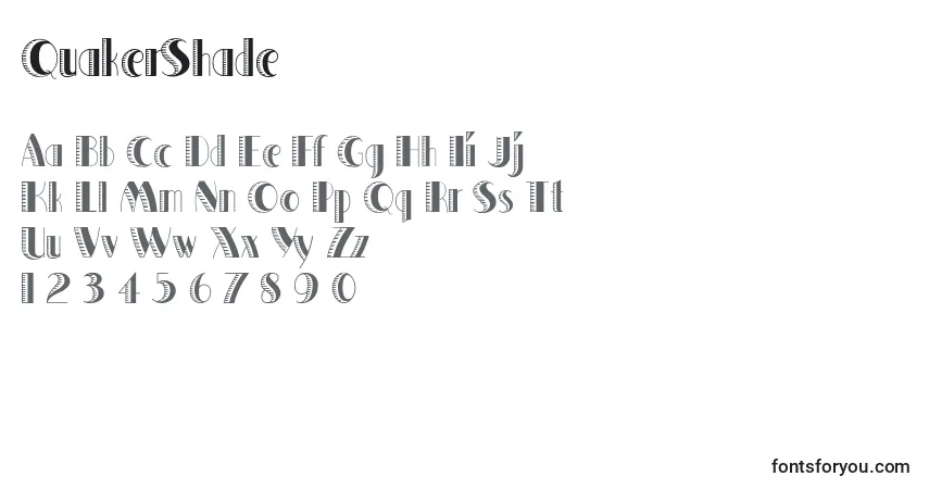 Czcionka QuakerShade – alfabet, cyfry, specjalne znaki