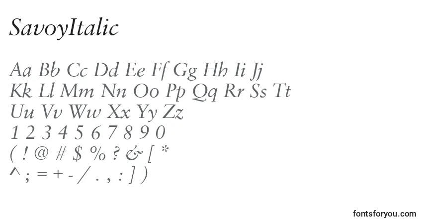 Czcionka SavoyItalic – alfabet, cyfry, specjalne znaki