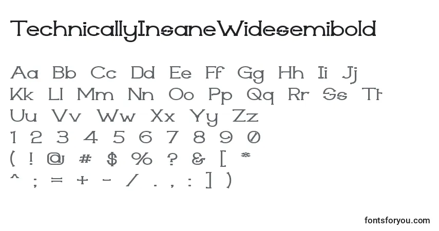 A fonte TechnicallyInsaneWidesemibold – alfabeto, números, caracteres especiais